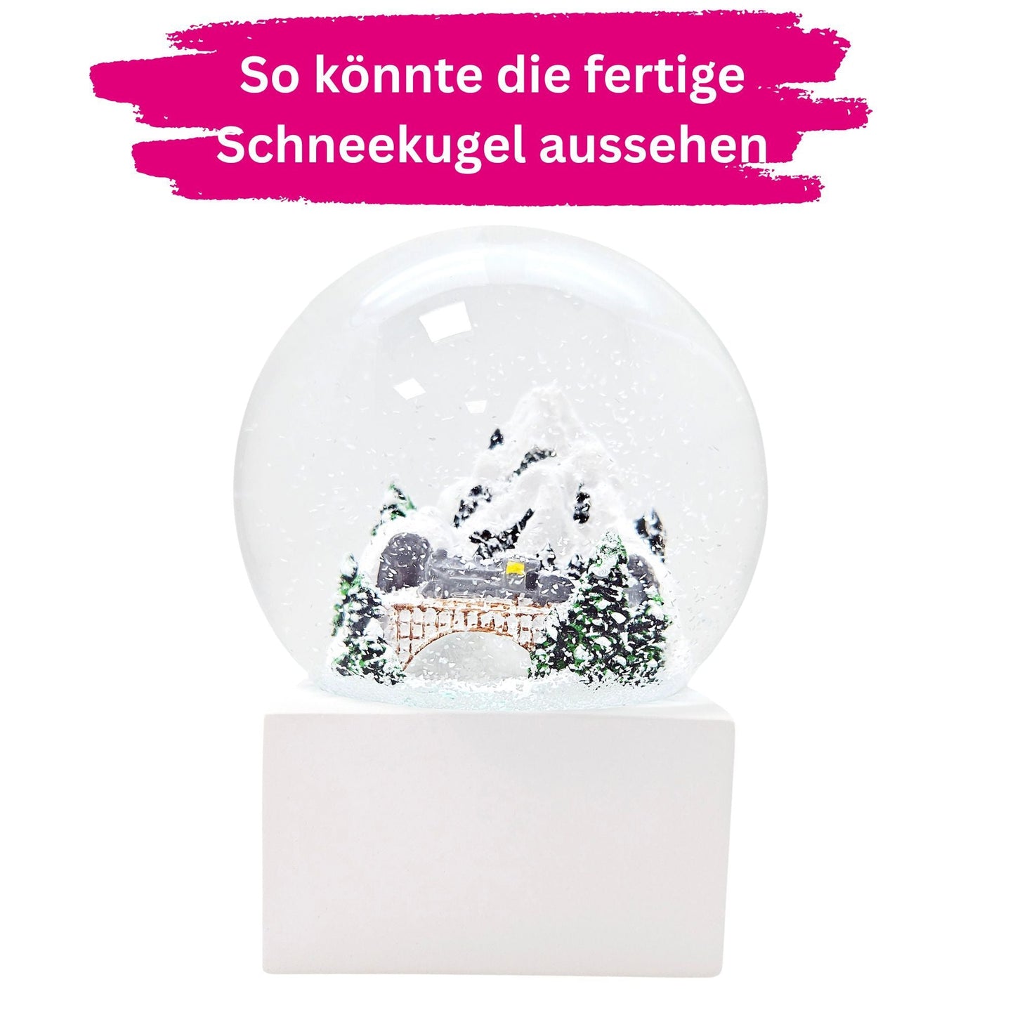 DIY - Komplett - Bastelset für Glas - Schneekugel 100x120mm weiß mit Schnee, Glitzer, Wasserklar & Kleber - Schneekugelhaus