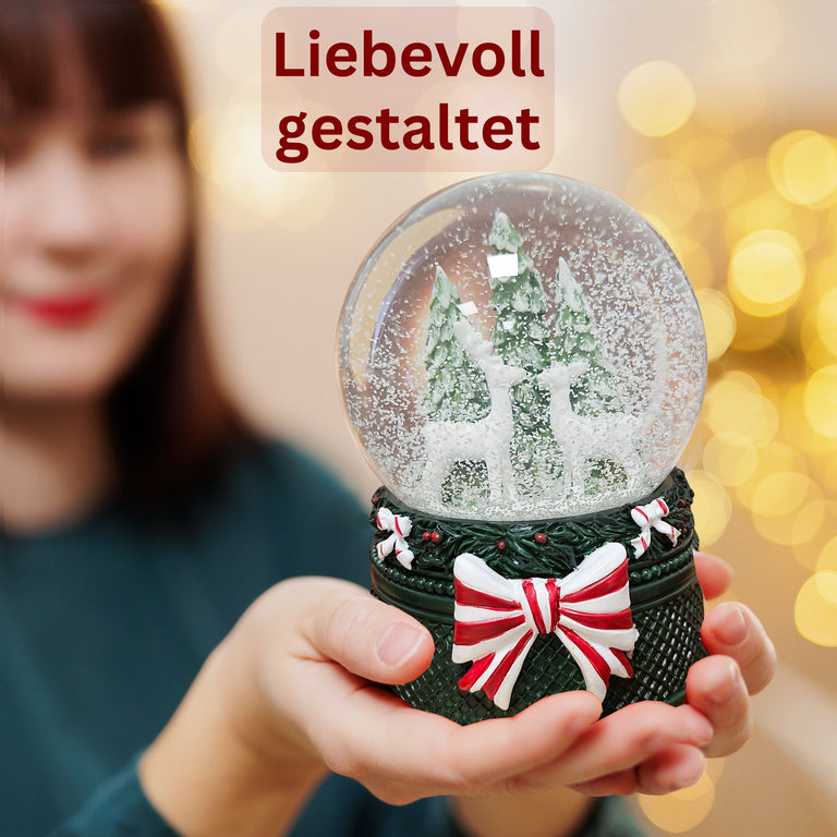 Nostalgische Schneekugel 2 Rehe Weihnachtsdekor grün 100 mm Durchmesser mit Spieluhr