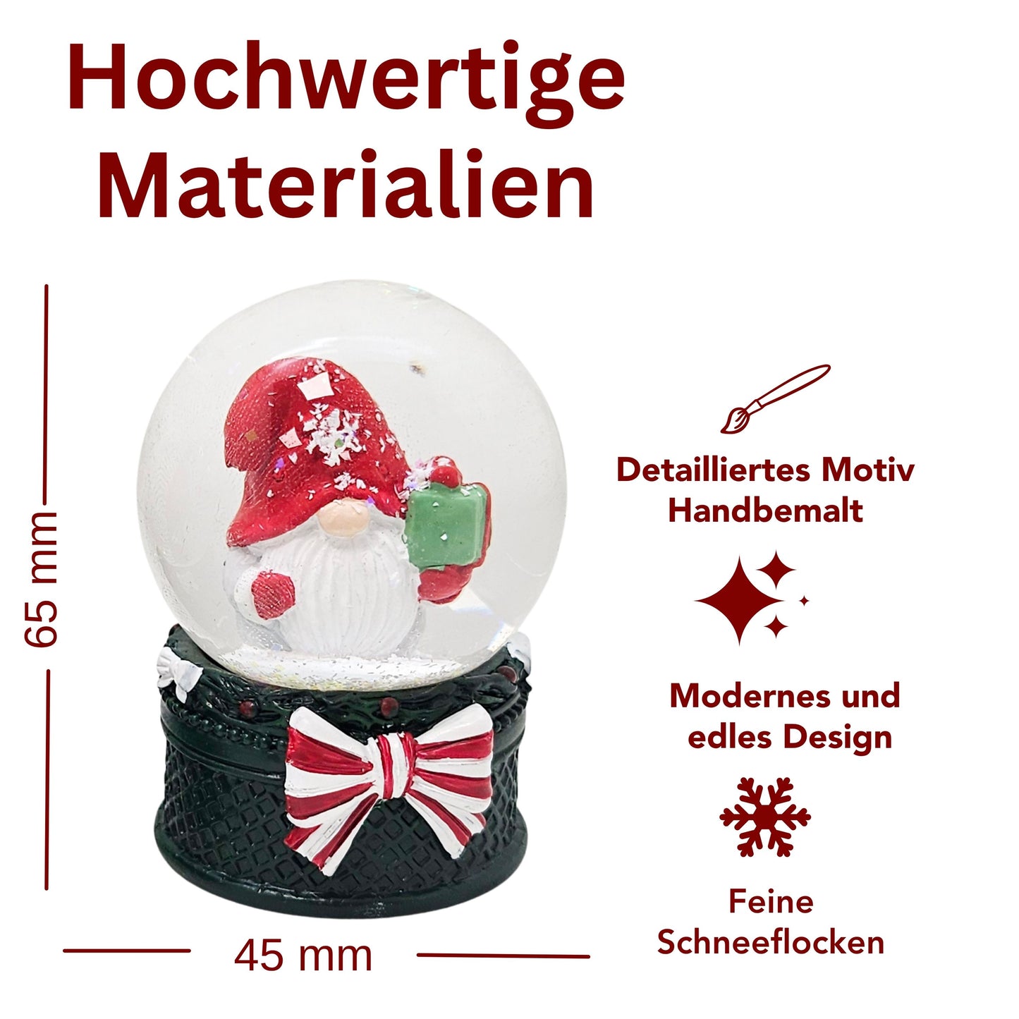 Süße Mini-Schneekugel Weihnachtswichtel Geschenkpaket auf Sockel grün B: 45mm