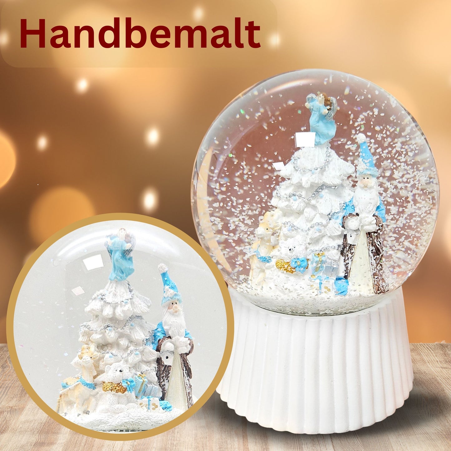 Schneekugel Weihnachtsmann mit Spieluhr, blau silber  auf weiß geriffelt - 120 mm Durchmesser