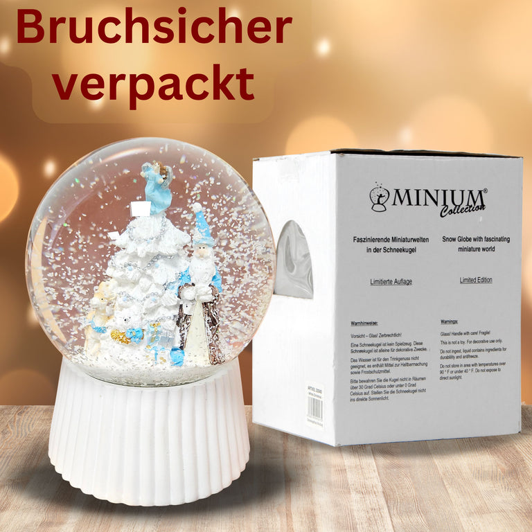 Schneekugel Weihnachtsmann mit Spieluhr, blau silber  auf weiß geriffelt - 120 mm Durchmesser