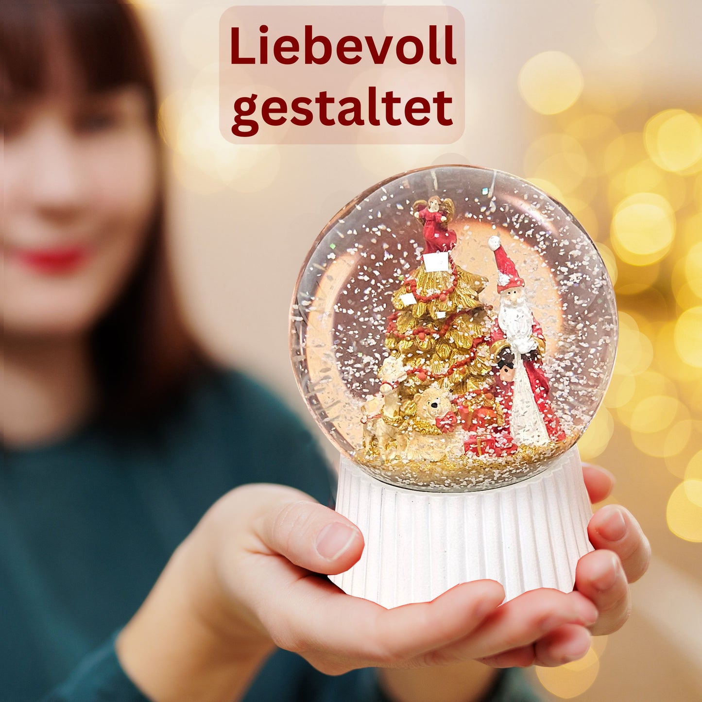 Schneekugel Weihnachtsmann mit Spieluhr, rot, gold weiß auf weiß geriffelt - 120 mm Durchmesser