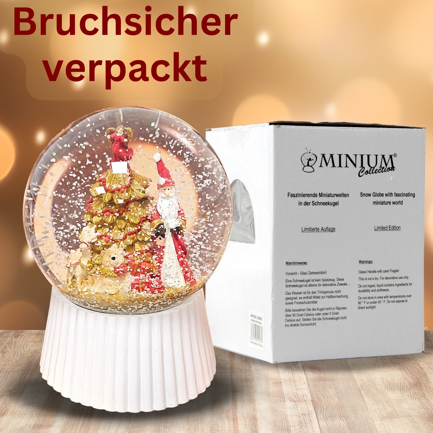 Schneekugel Weihnachtsmann mit Spieluhr, rot, gold weiß auf weiß geriffelt - 120 mm Durchmesser