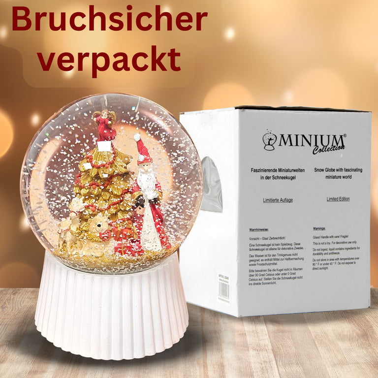 Schneekugel Weihnachtsmann mit Spieluhr, rot, gold weiß auf weiß geriffelt - 120 mm Durchmesser