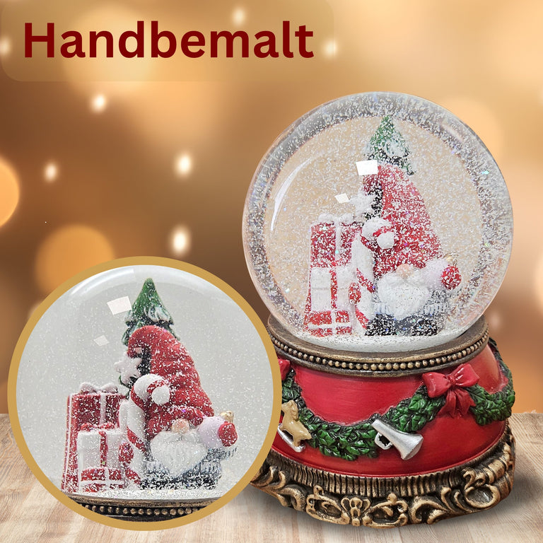 Schöne Schneekugel Wichtel Christbaum  auf Sockel Weihnachtsdekor rot mm Durchmesser mit Spieluhr