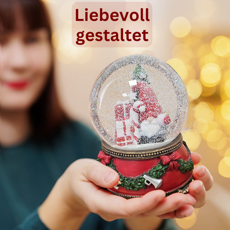 Schöne Schneekugel Wichtel Christbaum  auf Sockel Weihnachtsdekor rot mm Durchmesser mit Spieluhr