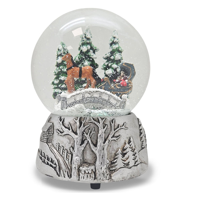 Nostalgische Schneekugel Kutsche Brücke auf Silber Landschaft 100 mm Durchmesser mit Spieluhr
