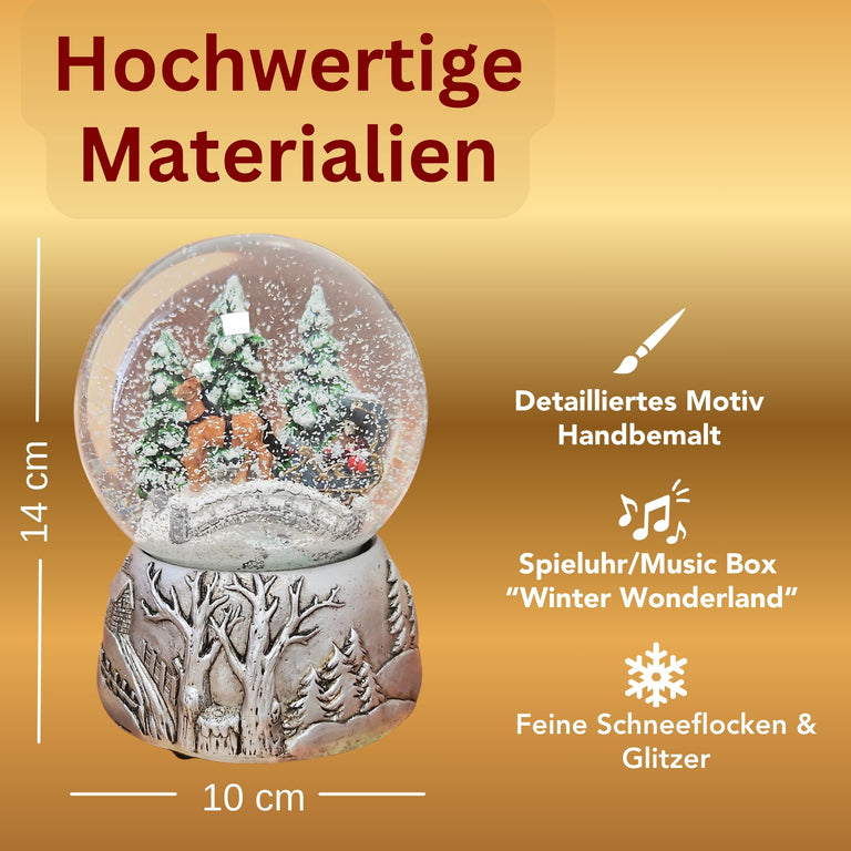 Nostalgische Schneekugel Kutsche Brücke auf Silber Landschaft 100 mm Durchmesser mit Spieluhr