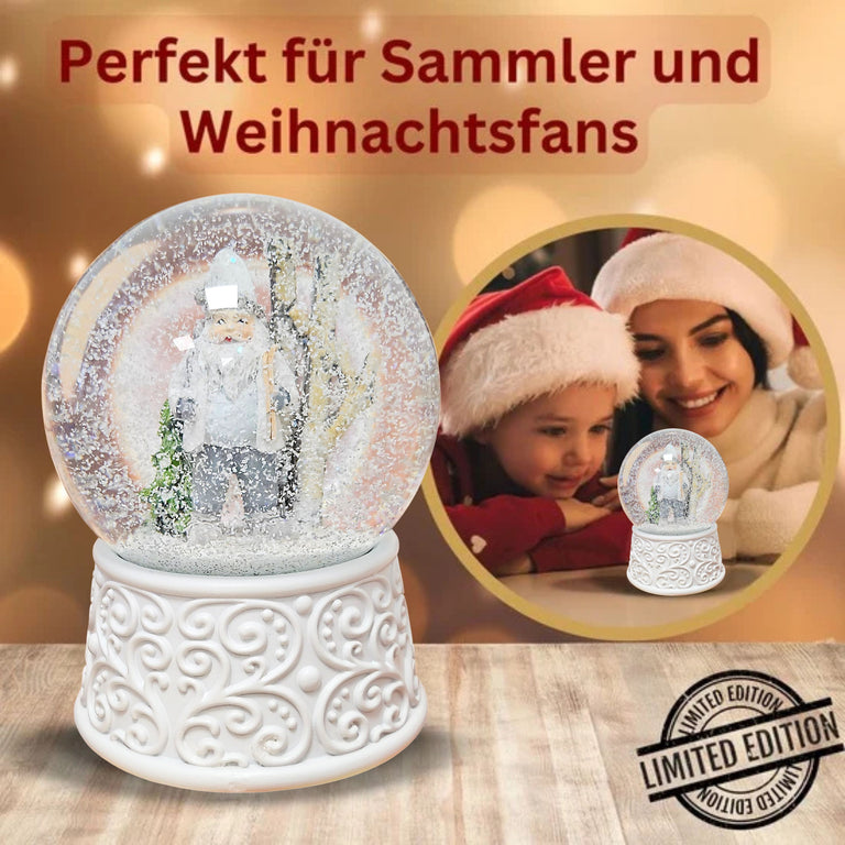Nostalgische Schneekugel Wichtel weiß grau auf  Ornamente 100 mm Durchmesser mit Spieluhr