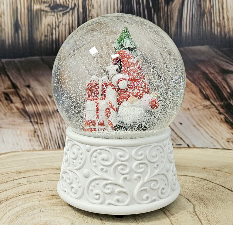 Nostalgische Schneekugel Wichtel rot auf  Ornamente 100 mm Durchmesser mit Spieluhr