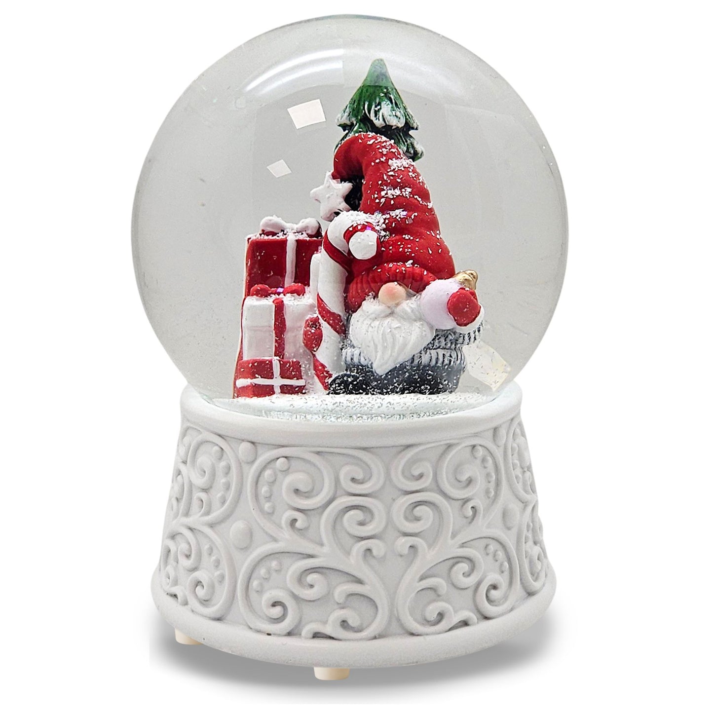 Nostalgische Schneekugel Wichtel rot auf  Ornamente 100 mm Durchmesser mit Spieluhr