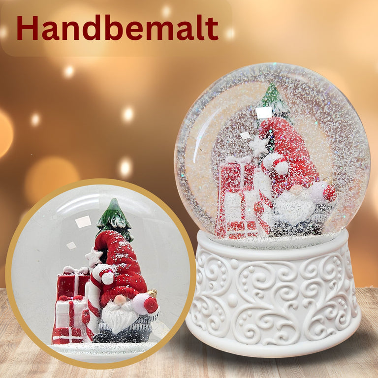 Nostalgische Schneekugel Wichtel rot auf  Ornamente 100 mm Durchmesser mit Spieluhr