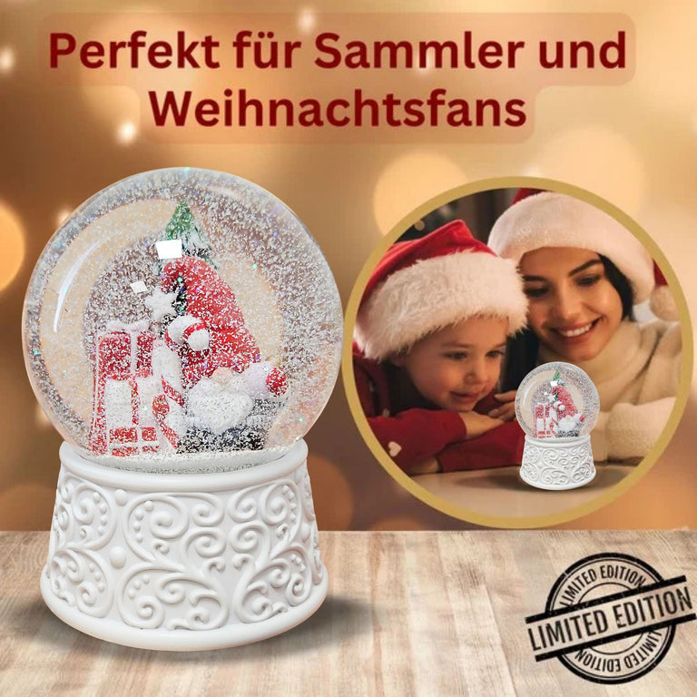 Nostalgische Schneekugel Wichtel rot auf  Ornamente 100 mm Durchmesser mit Spieluhr