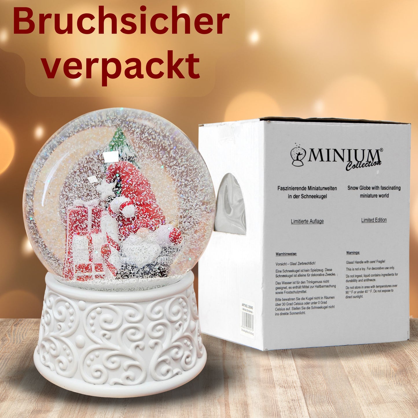 Nostalgische Schneekugel Wichtel rot auf  Ornamente 100 mm Durchmesser mit Spieluhr