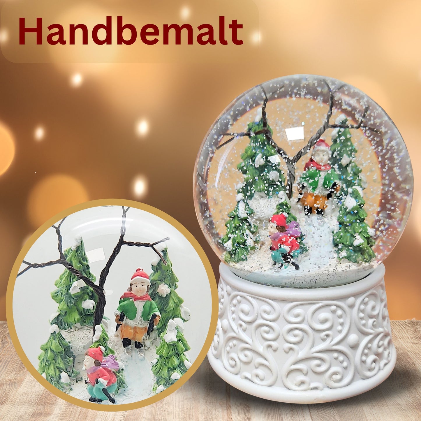 Nostalgische Schneekugel Skifahrer Ornamente 100 mm Durchmesser mit Spieluhr