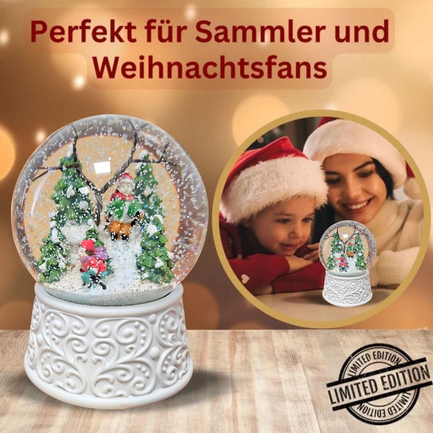 Nostalgische Schneekugel Skifahrer Ornamente 100 mm Durchmesser mit Spieluhr
