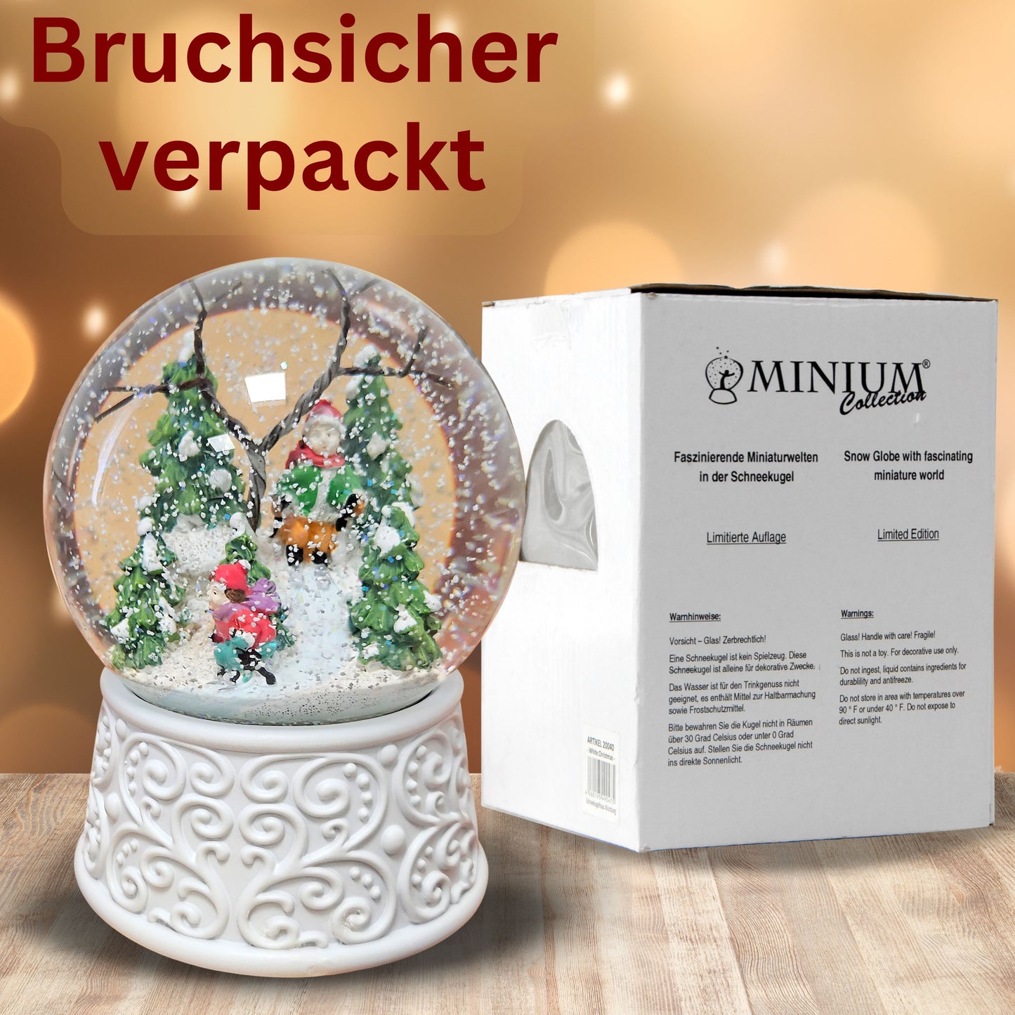 Nostalgische Schneekugel Skifahrer Ornamente 100 mm Durchmesser mit Spieluhr
