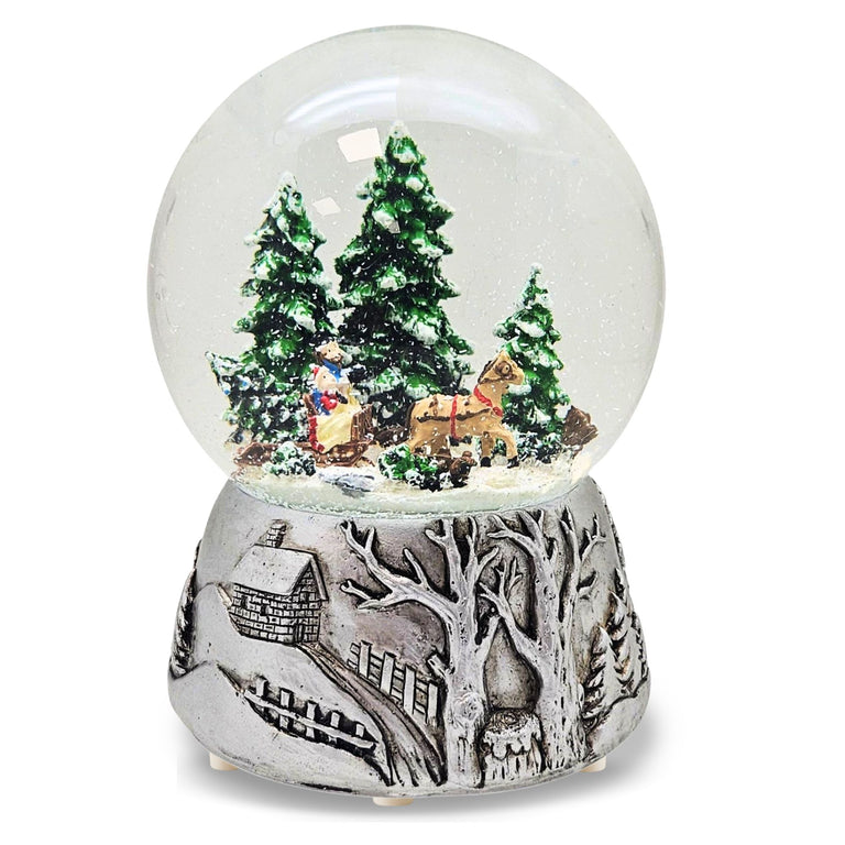 Nostalgische Schneekugel Schlittenfahrt auf Silber Landschaft 100 mm Durchmesser mit Spieluhr