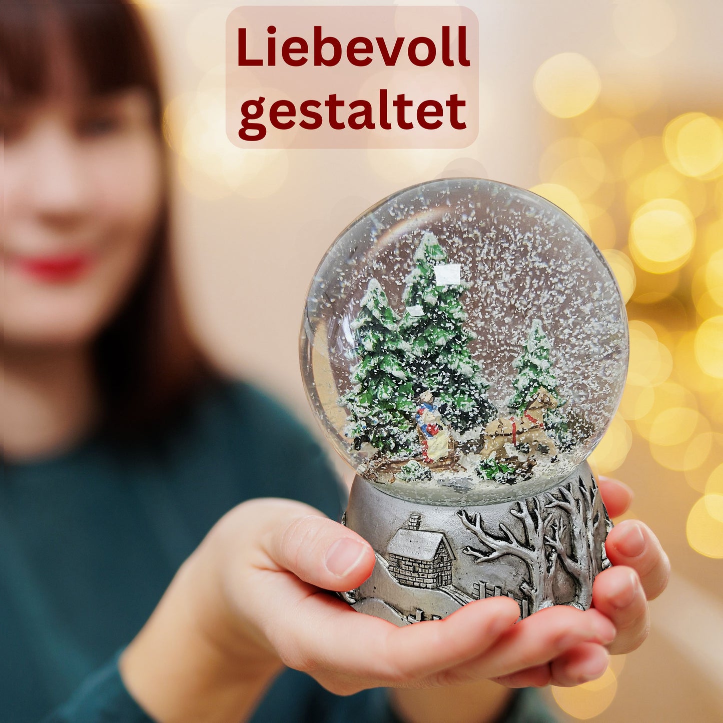Nostalgische Schneekugel Schlittenfahrt auf Silber Landschaft 100 mm Durchmesser mit Spieluhr