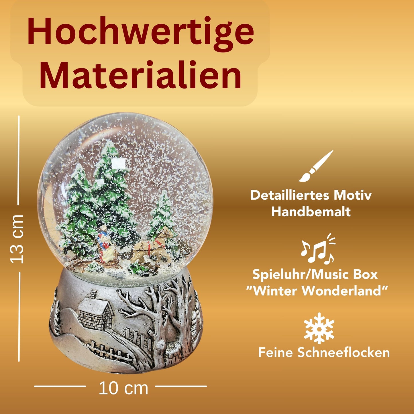Nostalgische Schneekugel Schlittenfahrt auf Silber Landschaft 100 mm Durchmesser mit Spieluhr