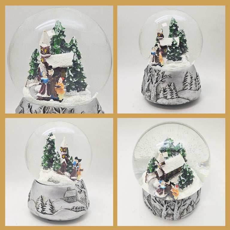 Nostalgische Schneekugel Weihnachtsspaziergang auf Silber Landschaft 100 mm Durchmesser mit Spieluhr