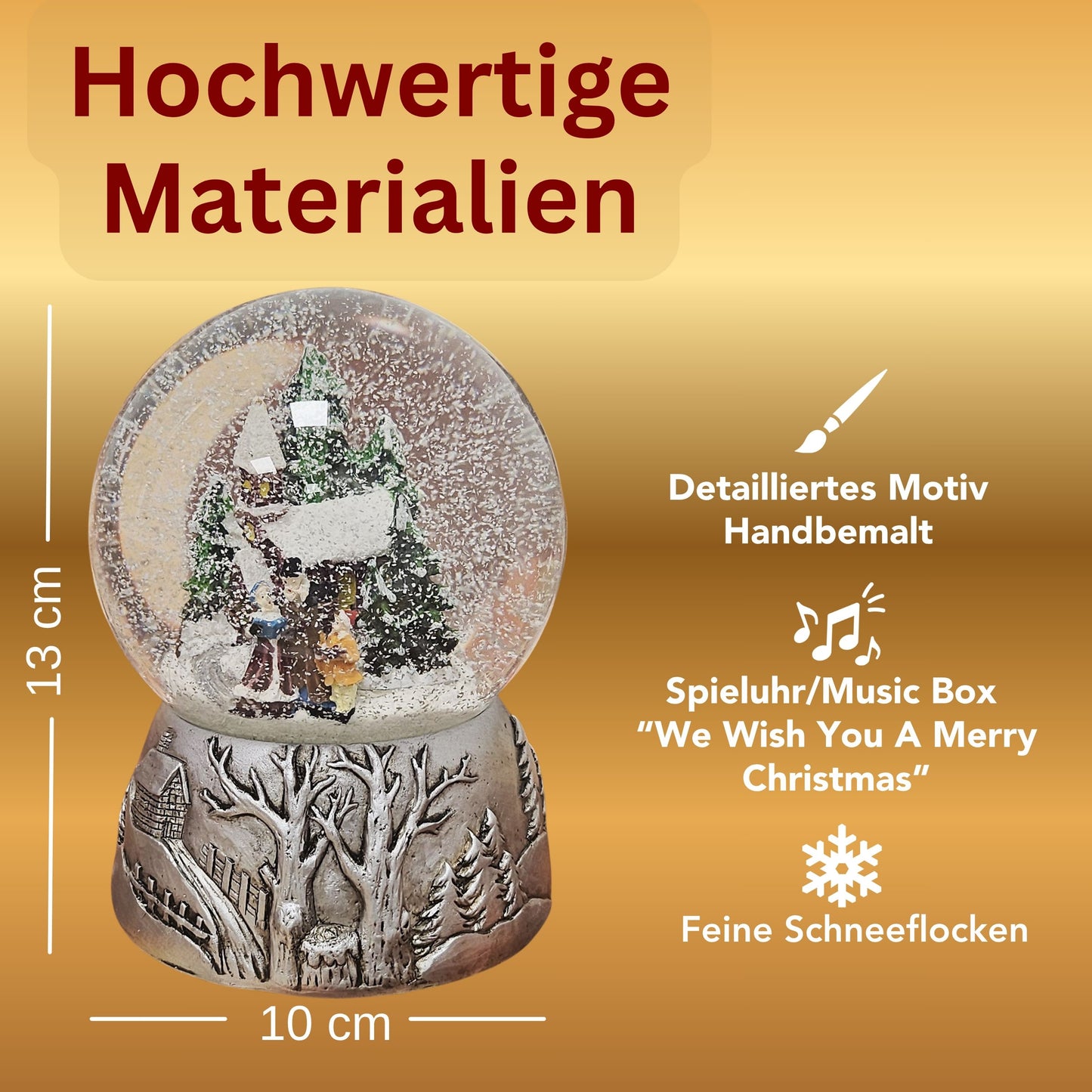 Nostalgische Schneekugel Weihnachtsspaziergang auf Silber Landschaft 100 mm Durchmesser mit Spieluhr