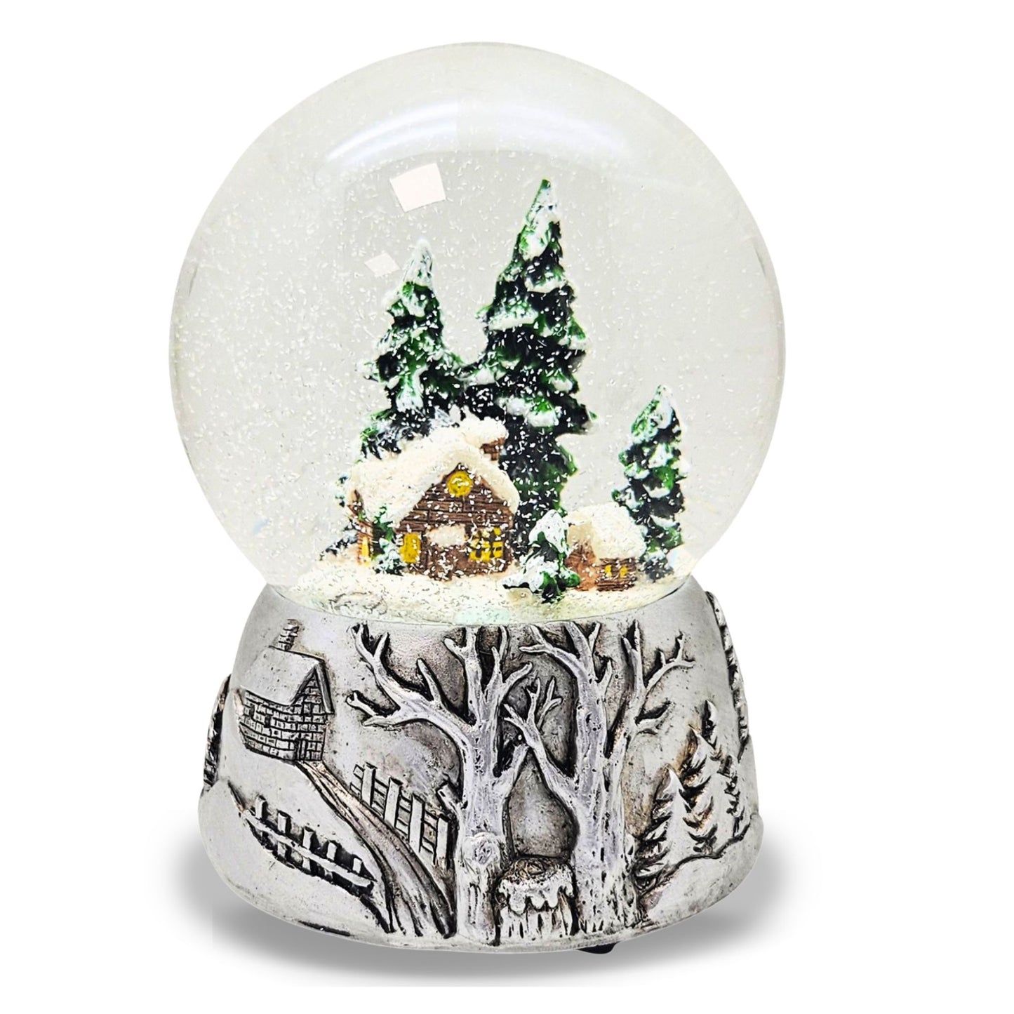 Nostalgische Schneekugel Winterhütte auf Silber Landschaft 100 mm Durchmesser mit Spieluhr