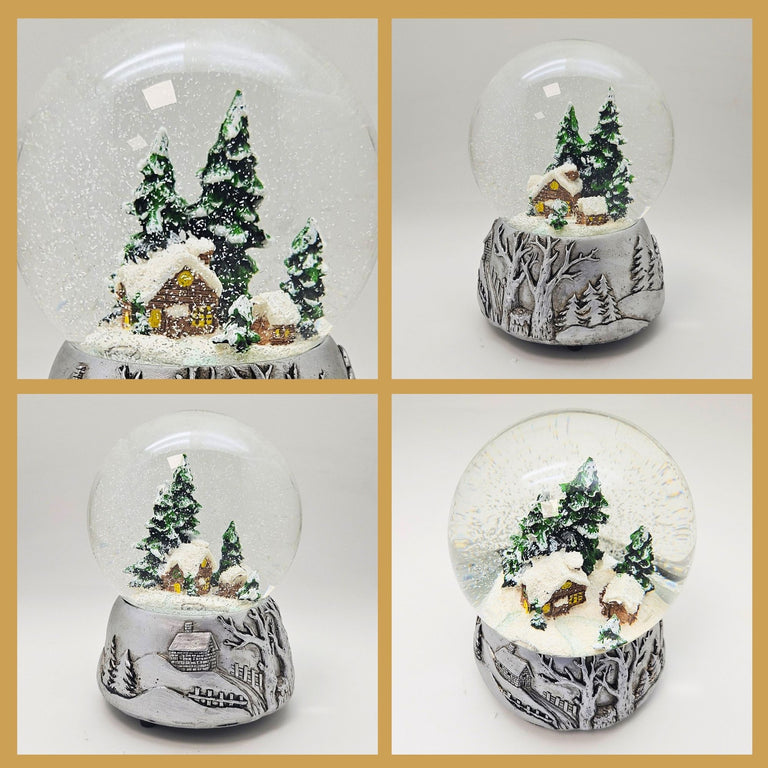 Nostalgische Schneekugel Winterhütte auf Silber Landschaft 100 mm Durchmesser mit Spieluhr