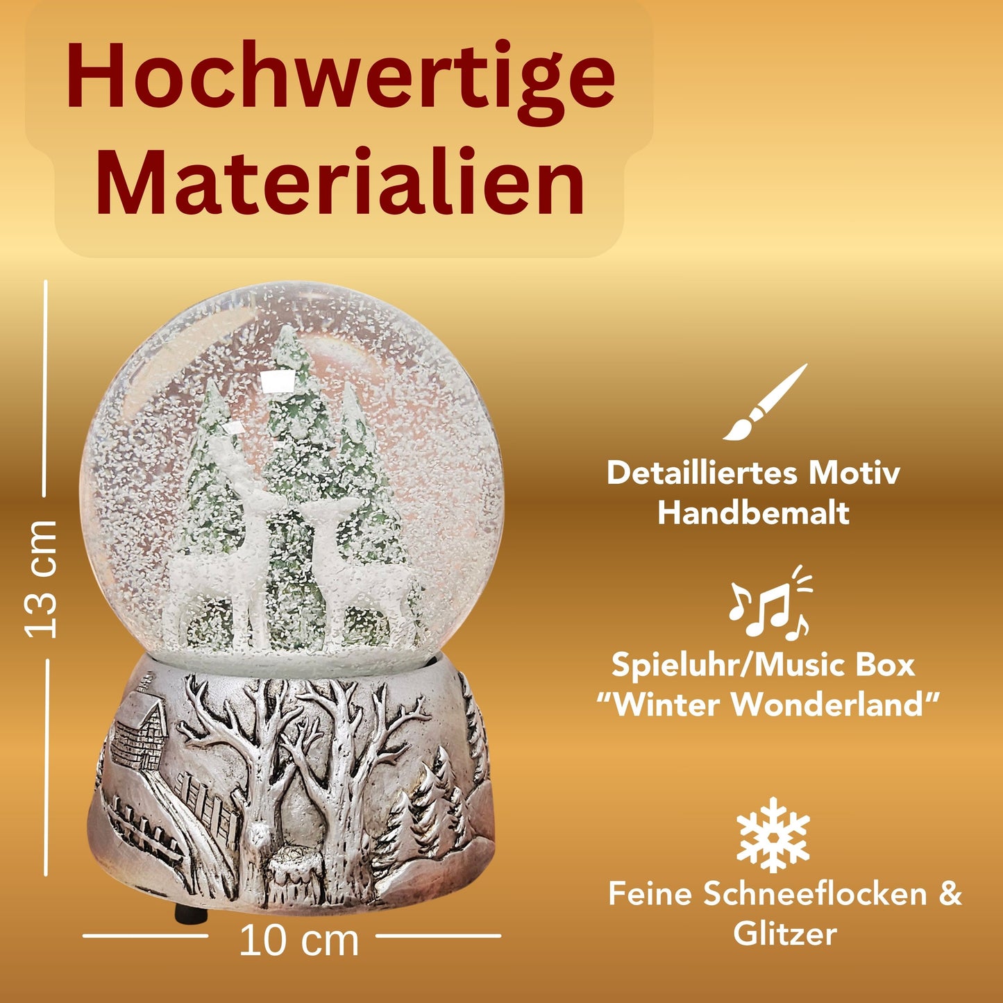 Nostalgische Schneekugel 2 Rehe auf Silber Landschaft 100 mm Durchmesser mit Spieluhr