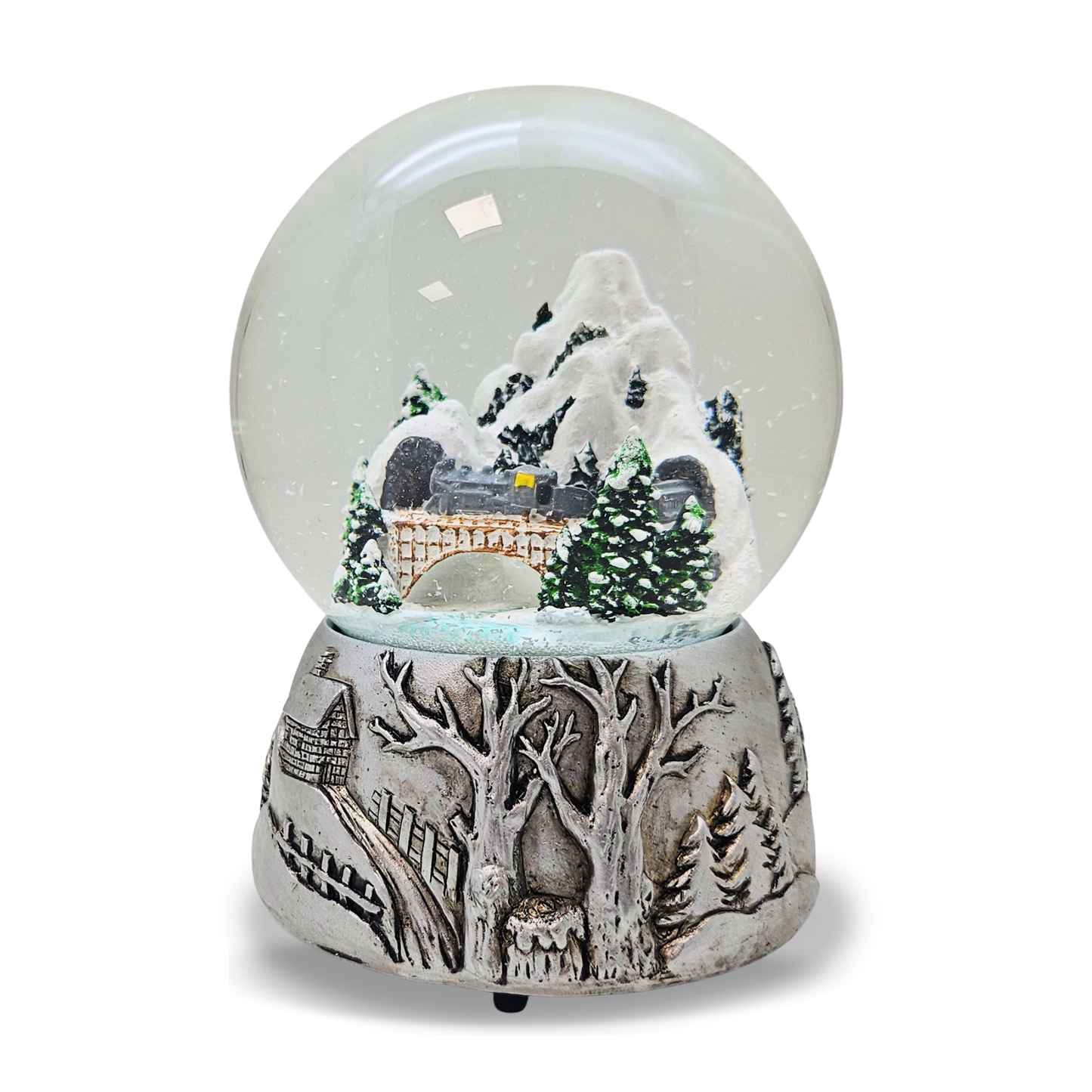Nostalgische Schneekugel Berglandschaft Brücke Silber Landschaft 100 mm Durchmesser mit Spieluhr