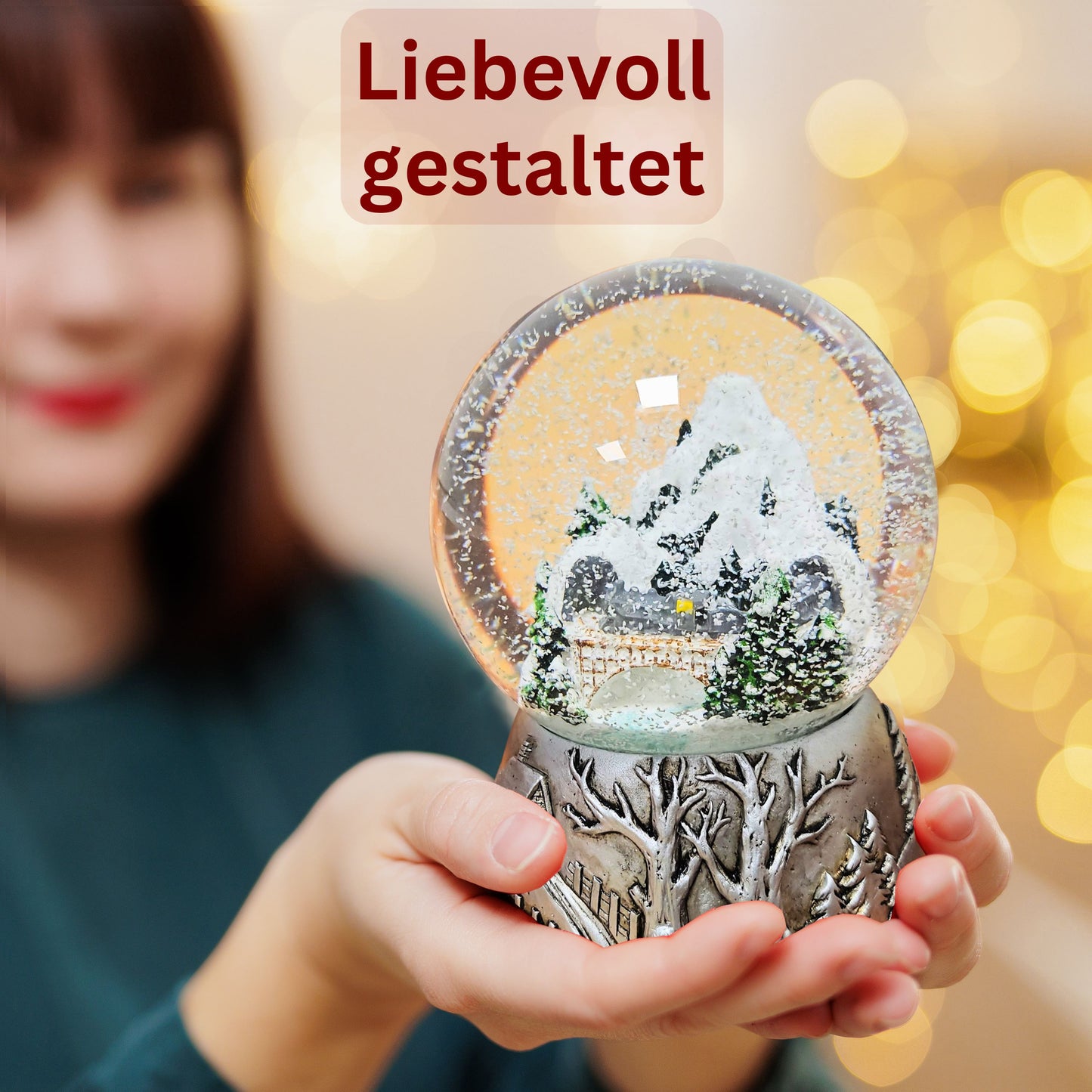Nostalgische Schneekugel Berglandschaft Brücke Silber Landschaft 100 mm Durchmesser mit Spieluhr