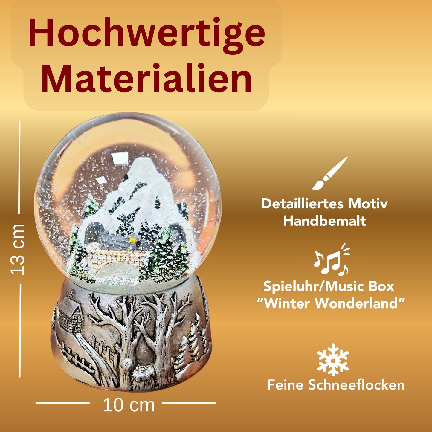 Nostalgische Schneekugel Berglandschaft Brücke Silber Landschaft 100 mm Durchmesser mit Spieluhr