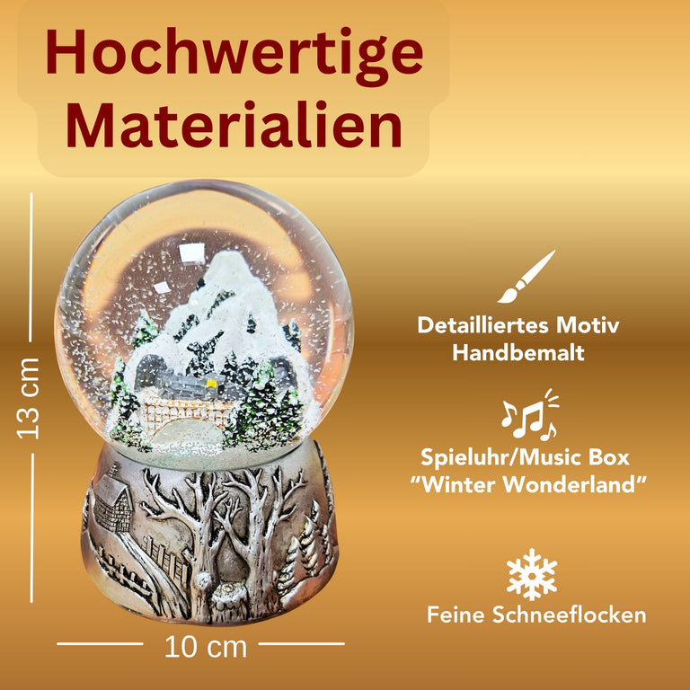 Nostalgische Schneekugel Berglandschaft Brücke Silber Landschaft 100 mm Durchmesser mit Spieluhr