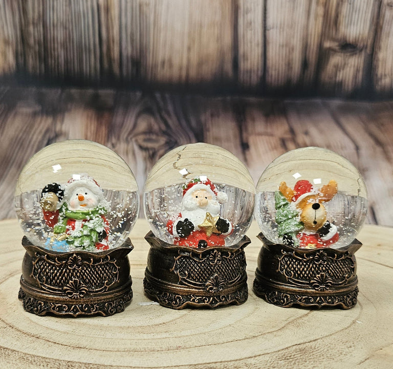 3 süße Mini - Schneekugeln Winter & Weihnacht mit Sockel antik Kupfer B: 45mm - Schneekugelhaus