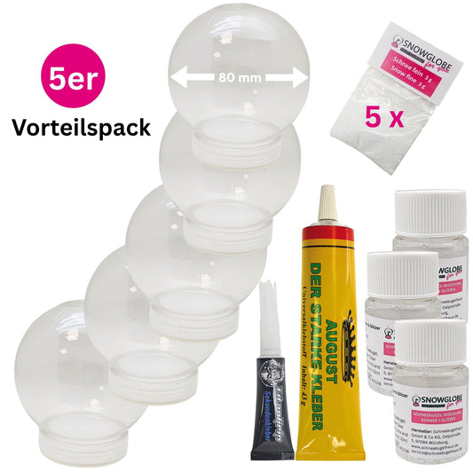 DIY Schneekugel-Set „Party-Pack“ (5er Vorteilspack) 80 rund mit Schraubverschluss - Schneekugelhaus