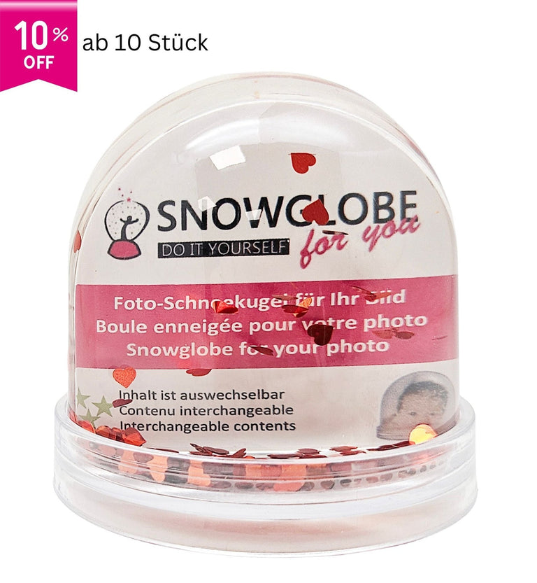 Foto - Schneekugel groß mit transparentem Sockel - rote Herzen - Schneekugelhaus