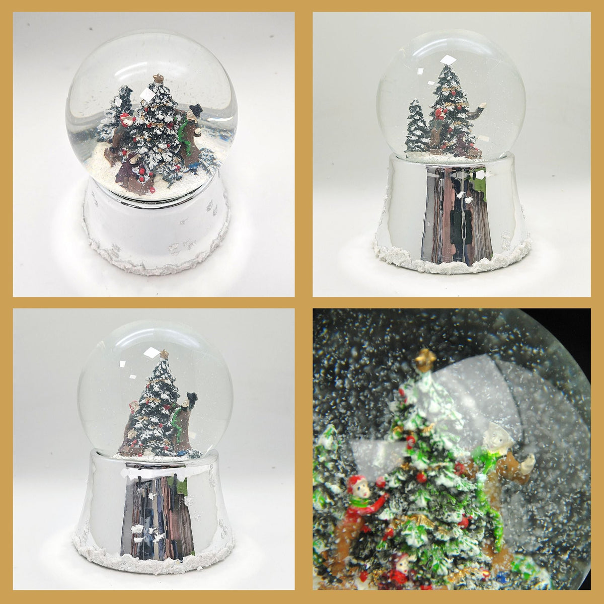 Nostalgische Schneekugel Christbaum schmücken auf silber glänzend mit Schneeflocken 100 mm Durchmesser mit Spieluhr - Schneekugelhaus