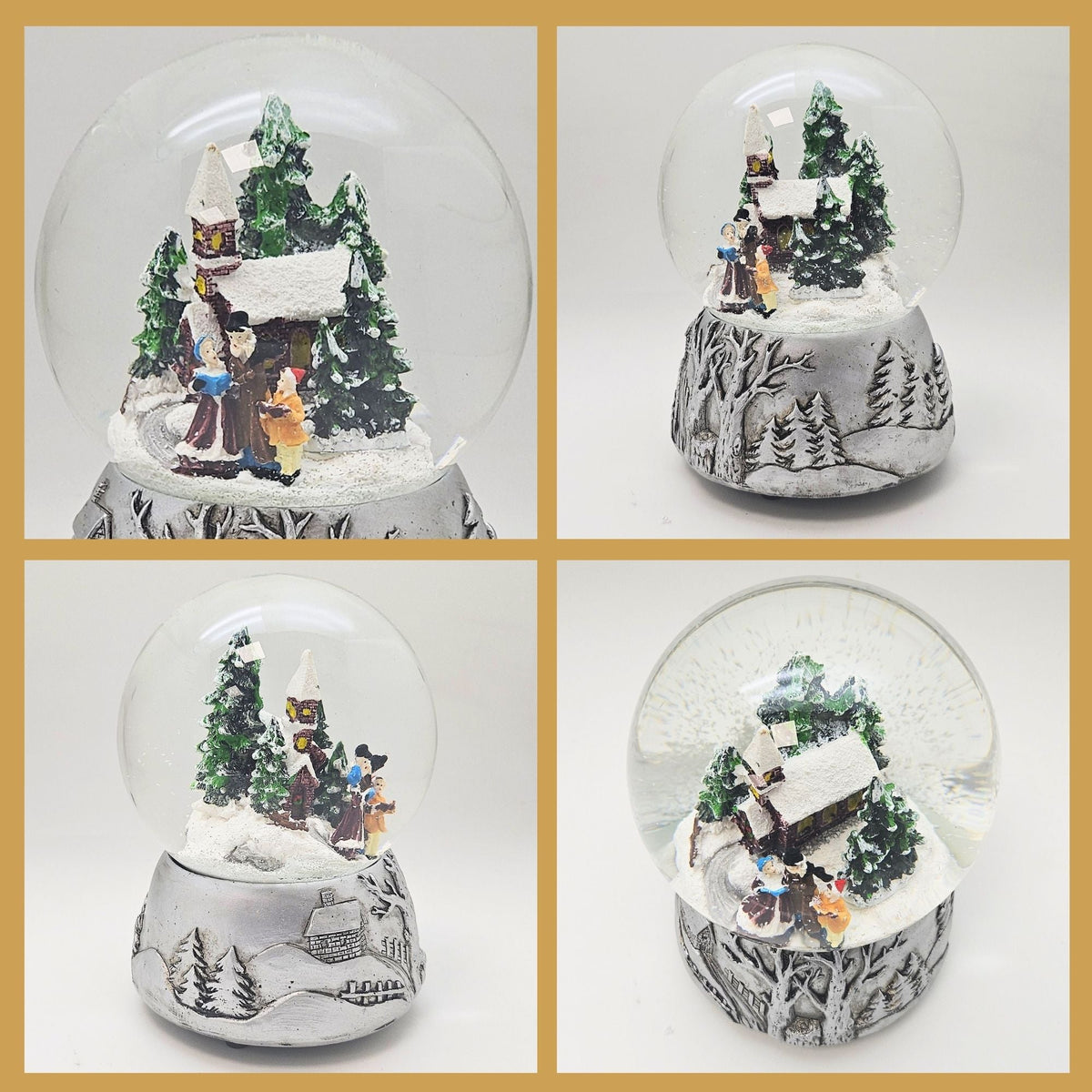Nostalgische Schneekugel Weihnachtsspaziergang auf Silber Landschaft 100 mm Durchmesser mit Spieluhr - Schneekugelhaus