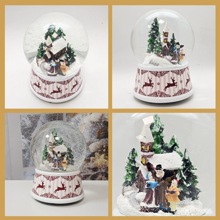 Nostalgische Schneekugel Weihnachtsspaziergang Hüttenzauber 100 mm Durchmesser mit Spieluhr - Schneekugelhaus