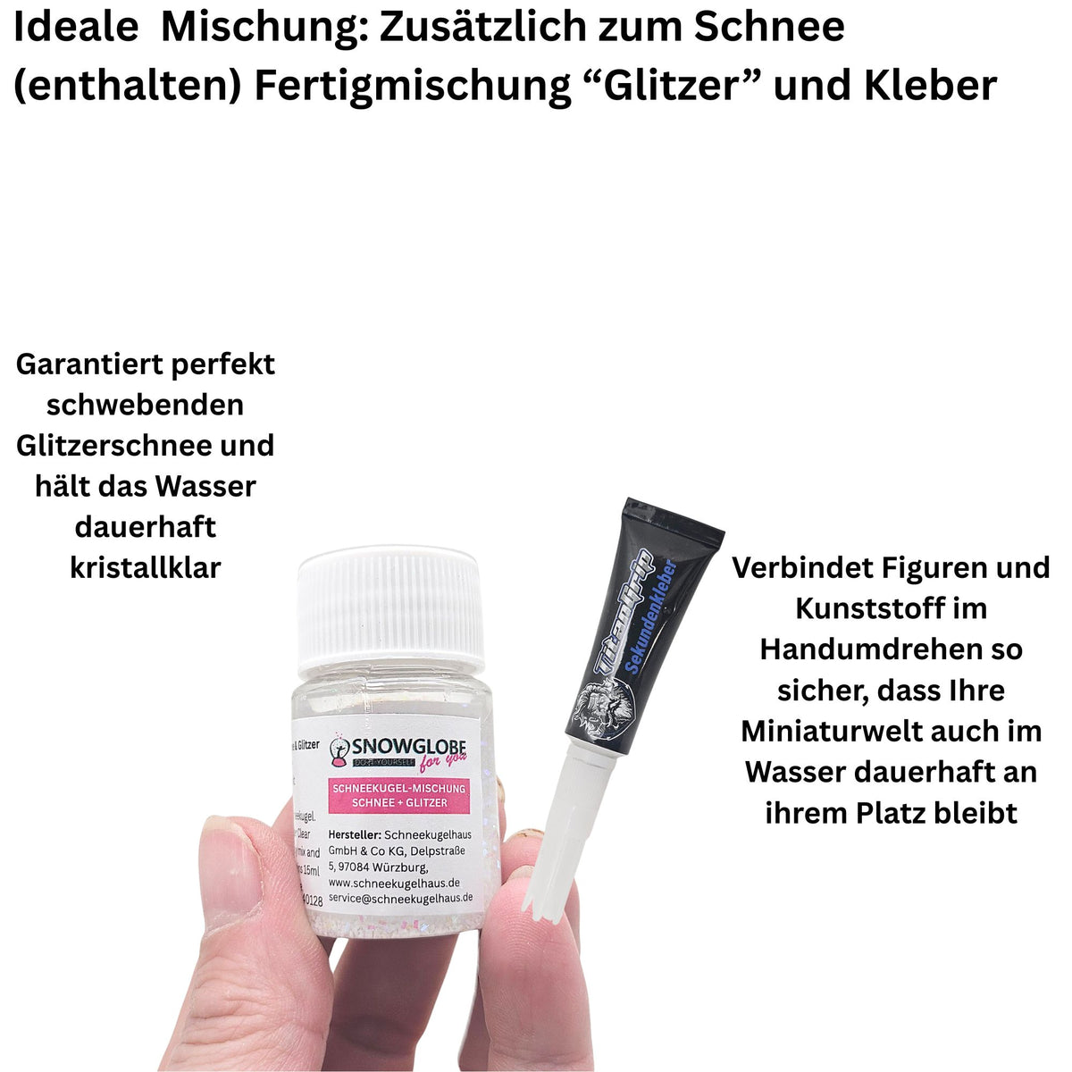 DIY Komplettset: 2 x Kunststoff-Schneekugel rund 80 x 87 mm  mit Schnee, Fertigmischung Glitzer + Sekundenkleber