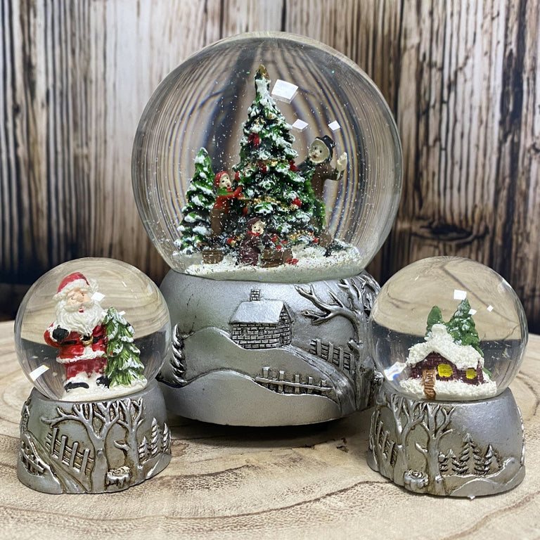 Silber-Dekopaket - 3 Nostalgie Schneekugeln in zwei Größen - Schneekugelhaus