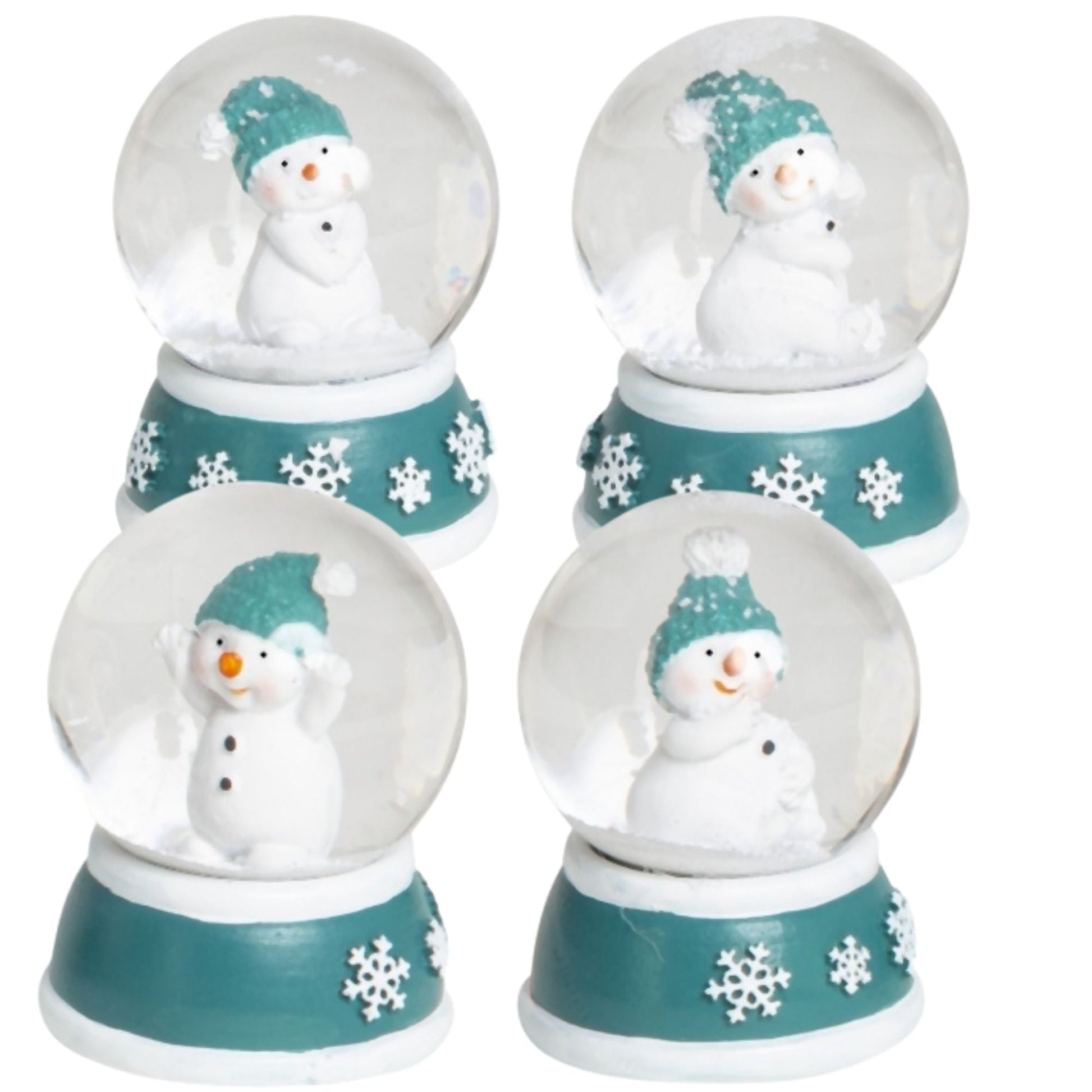 Süße Mini - Schneekugel Schneemann Hände zusammen auf Sockel türkis weiße Schneeeflocke B: 45mm - Schneekugelhaus