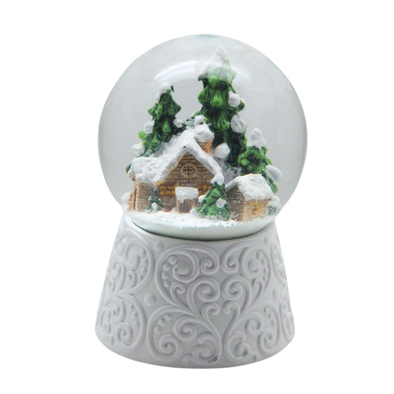 Edle Schneekugel Hüttenzauber Berghütte auf weißem Ornamentsockel 100 mm Durchmesser mit Spieluhr - Schneekugelhaus