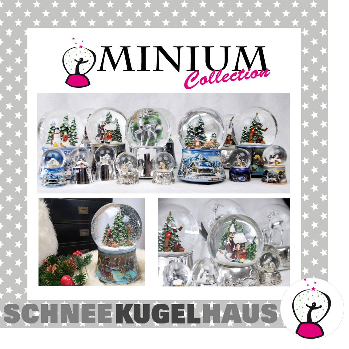 Schneekugel Schlittenfahrt Christbaum holen auf Sockel silber rund geschwungen 10 cm Durchmesser - Schneekugelhaus